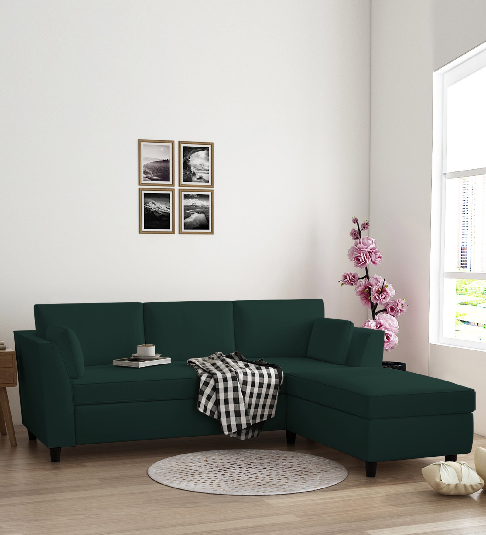 Bristo Velvet LHS Sectional Sofa (2+Ottoman Lounger) In Forest Green Colour - Febonic Living