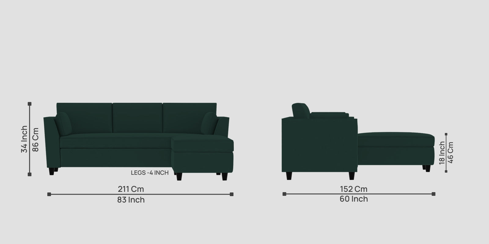 Bristo Velvet LHS Sectional Sofa (2+Ottoman Lounger) In Forest Green Colour - Febonic Living