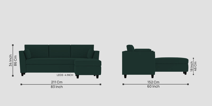 Bristo Velvet Lhs Sectional Sofa 2 Ottoman Lounger In Forest Green Colour - Febonic Living
