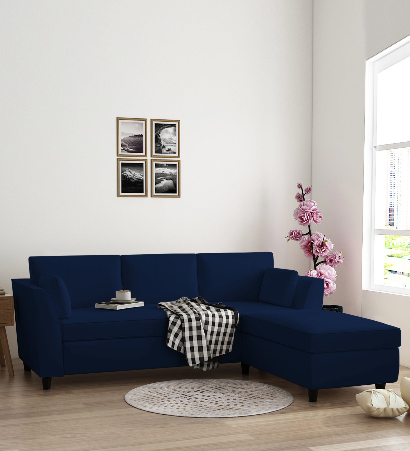 Bristo Velvet LHS Sectional Sofa (2+Ottoman Lounger) In Imperial Blue Colour - Febonic Living