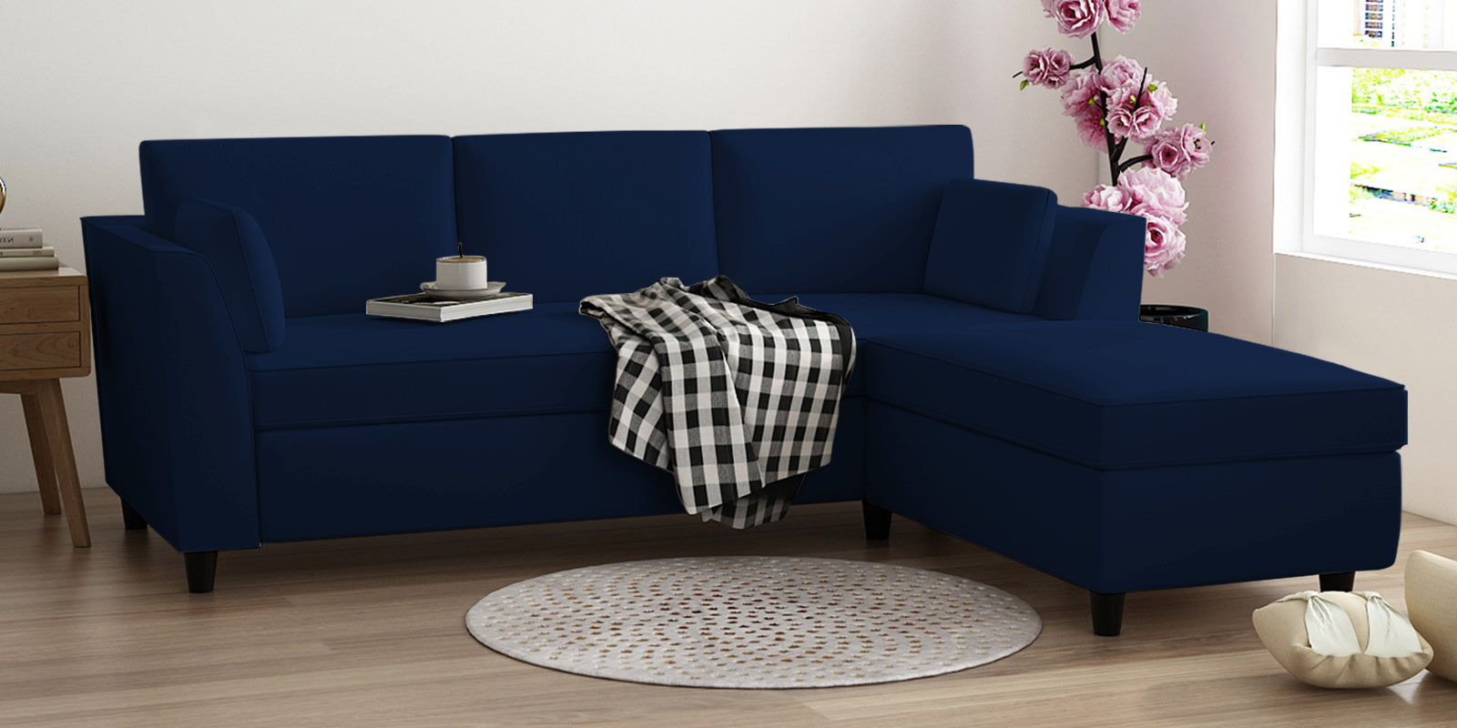 Bristo Velvet LHS Sectional Sofa (2+Ottoman Lounger) In Imperial Blue Colour - Febonic Living