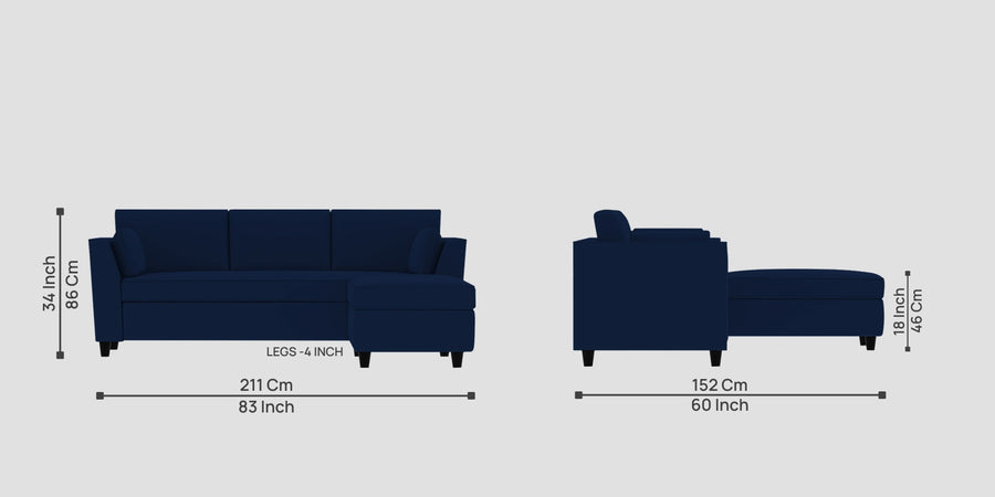 Bristo Velvet Lhs Sectional Sofa 2 Ottoman Lounger In Imperial Blue Colour - Febonic Living