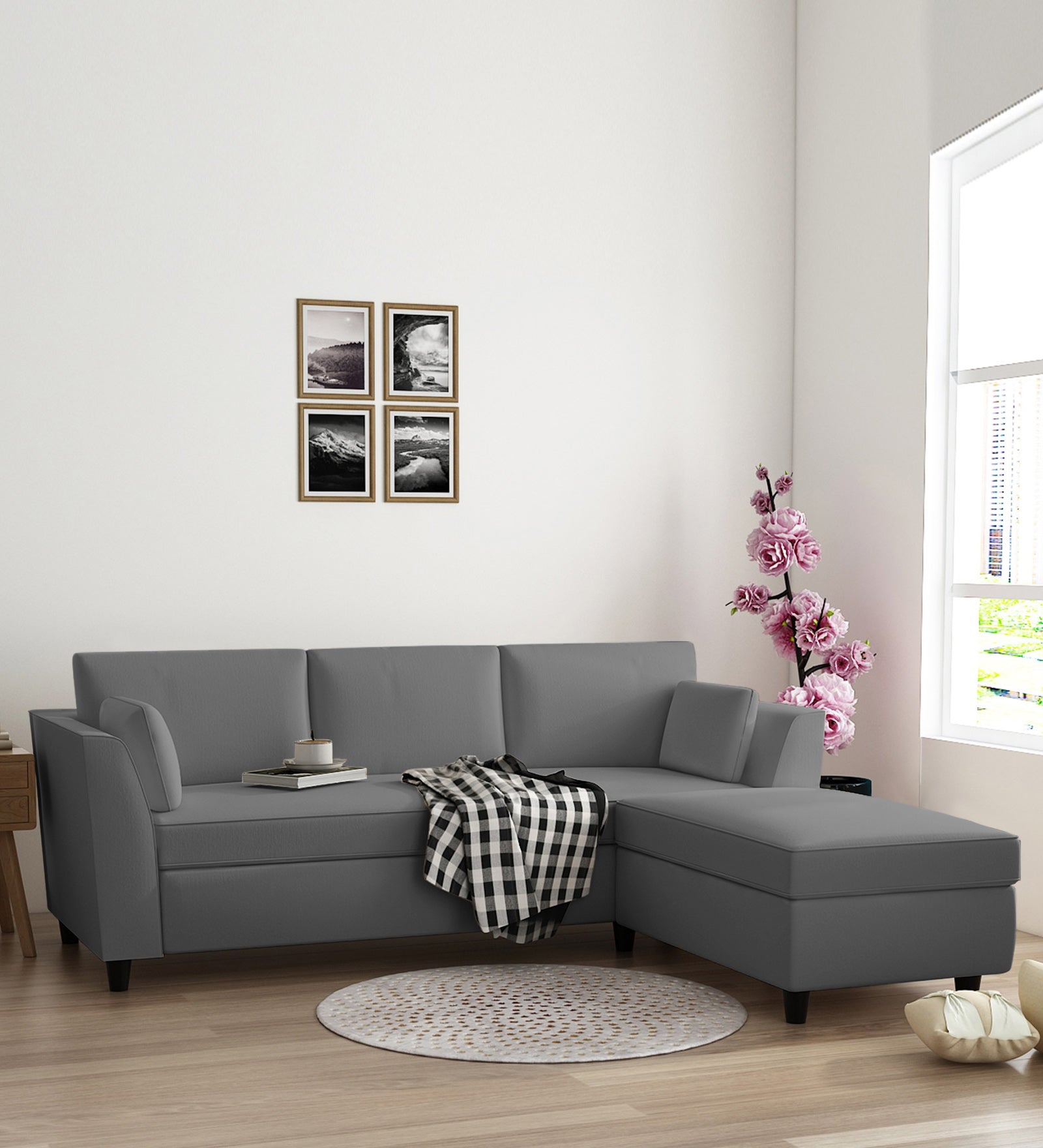 Bristo Velvet LHS Sectional Sofa (2+Ottoman Lounger) In Light Grey Colour - Febonic Living
