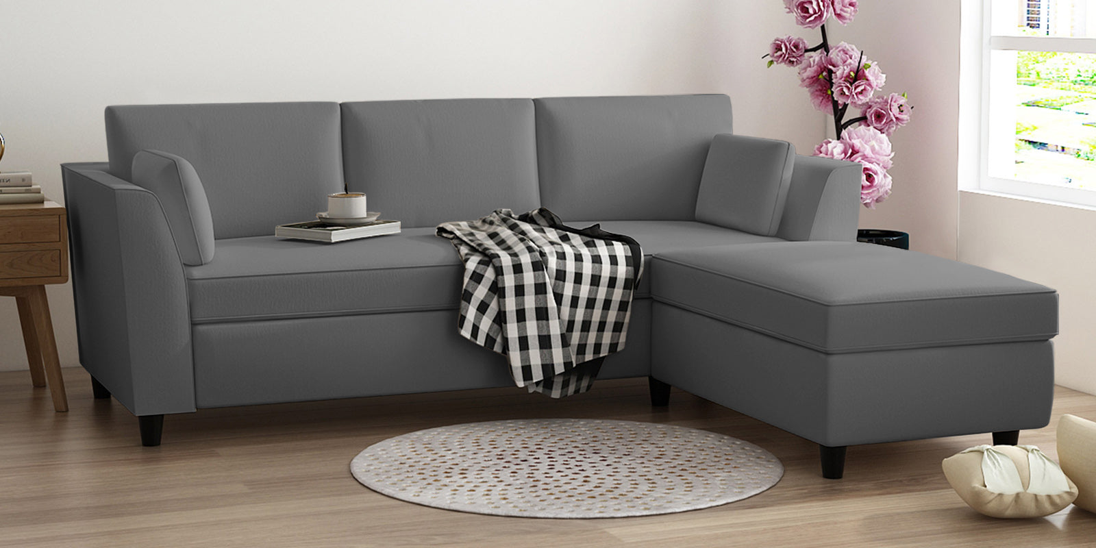Bristo Velvet LHS Sectional Sofa (2+Ottoman Lounger) In Light Grey Colour - Febonic Living
