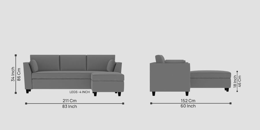 Bristo Velvet Lhs Sectional Sofa 2 Ottoman Lounger In Light Grey Colour - Febonic Living
