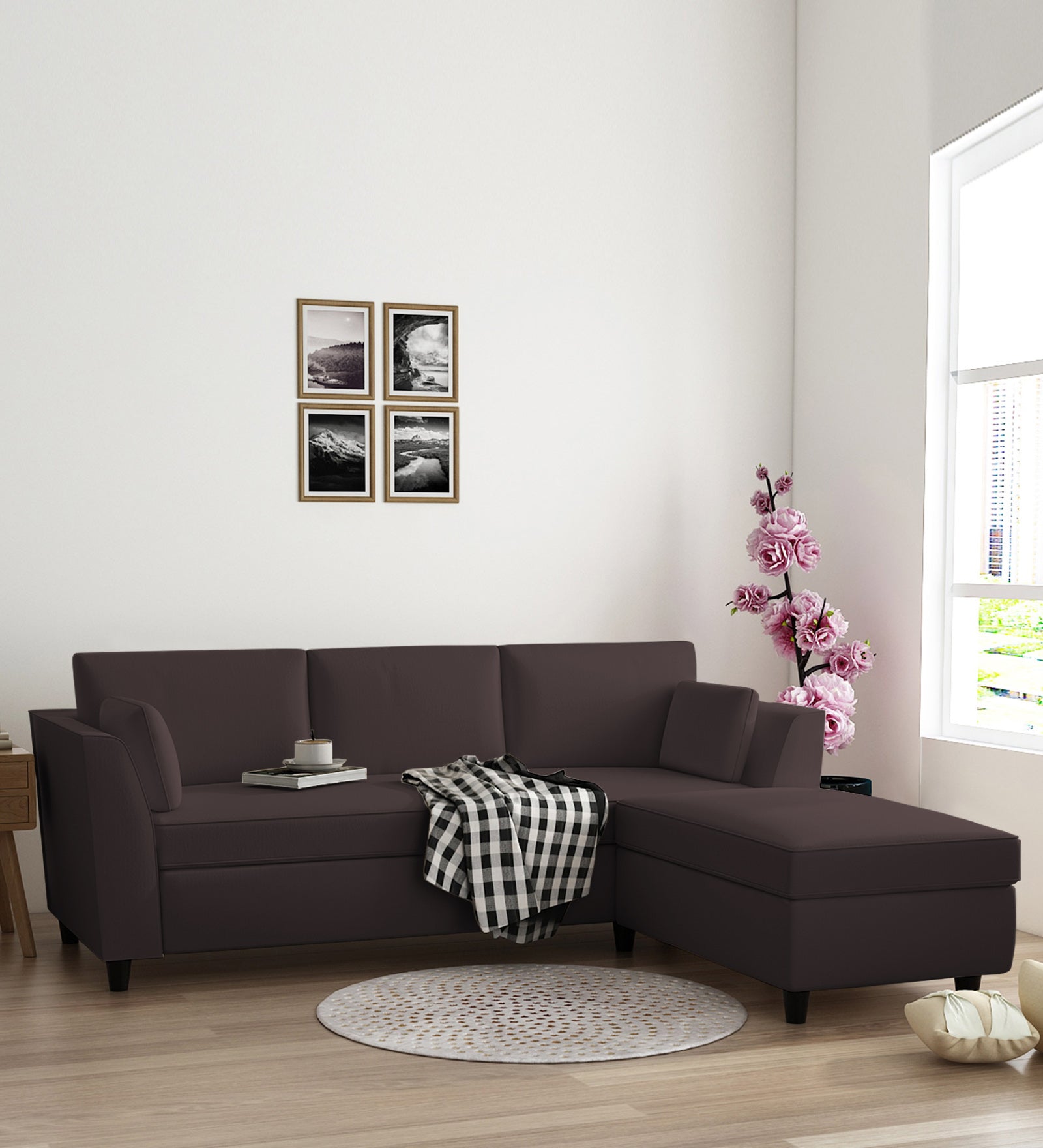 Bristo Velvet LHS Sectional Sofa (2+Ottoman Lounger) In Mocha Brown Colour - Febonic Living