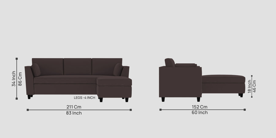 Bristo Velvet Lhs Sectional Sofa 2 Ottoman Lounger In Mocha Brown Colour - Febonic Living