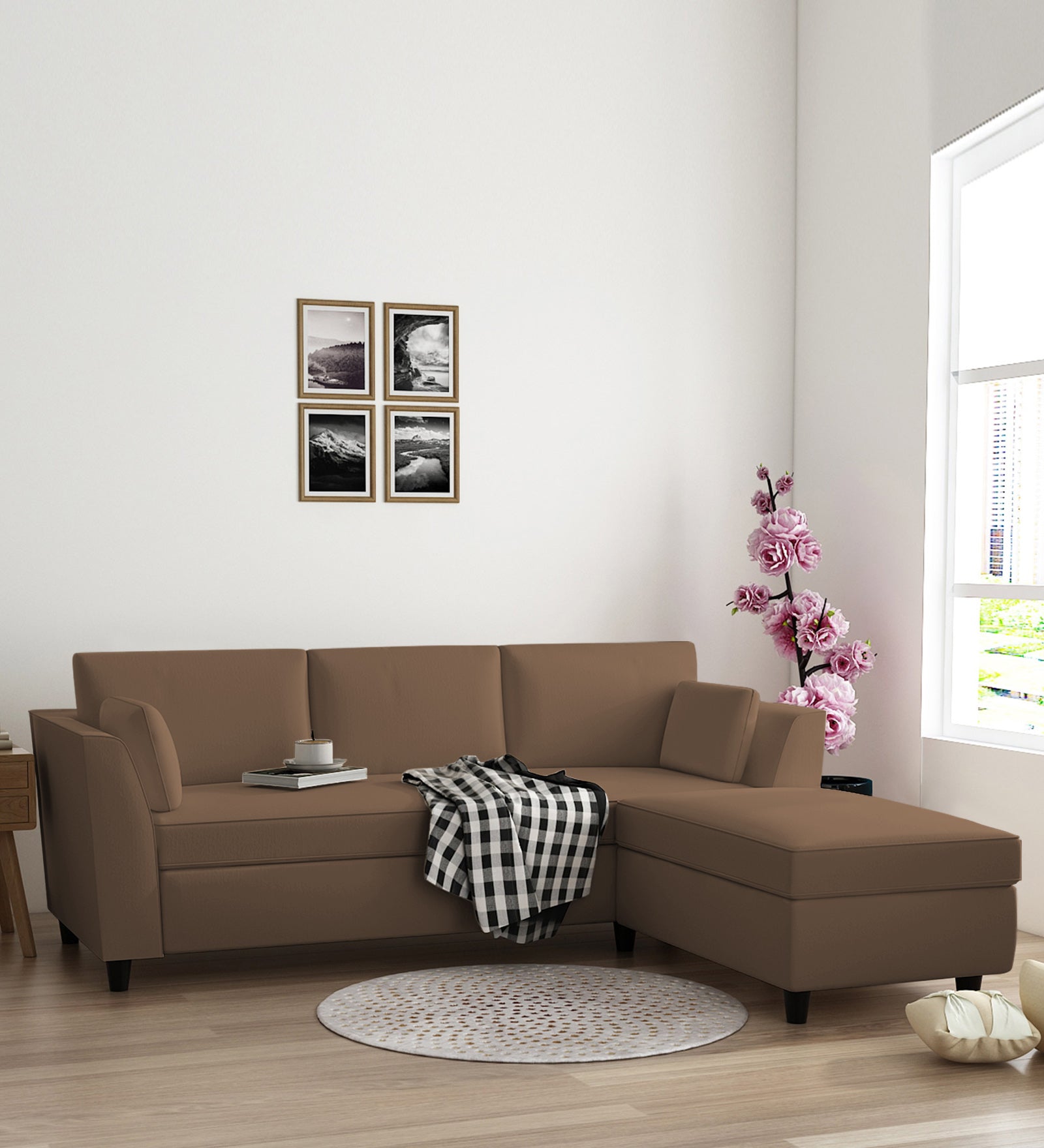 Bristo Velvet LHS Sectional Sofa (2+Ottoman Lounger) In Mocha Mouse Colour - Febonic Living