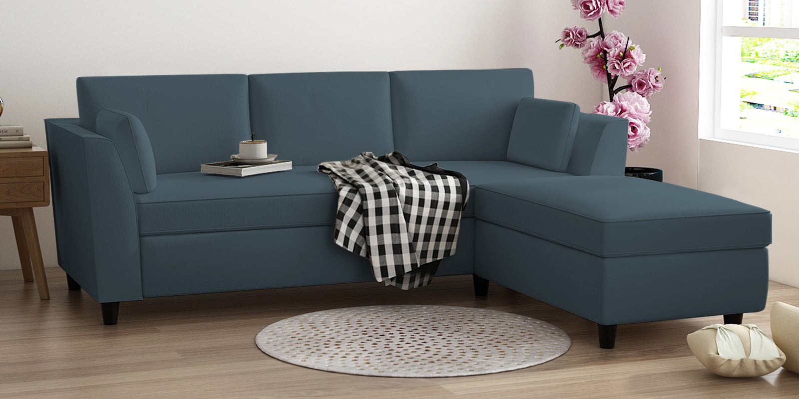 Bristo Velvet LHS Sectional Sofa (2+Ottoman Lounger) In Oxford Blue Colour - Febonic Living