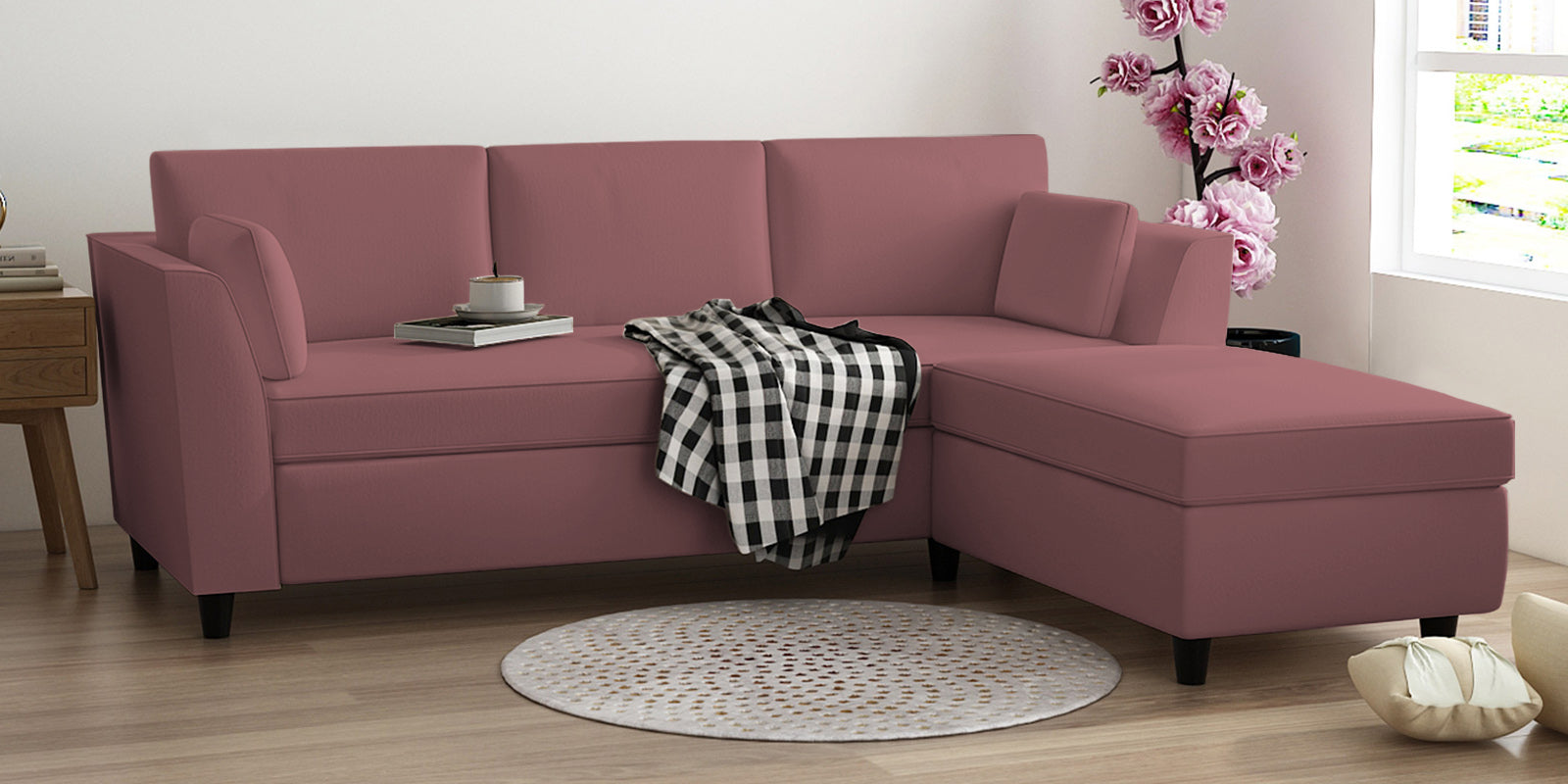 Bristo Velvet LHS Sectional Sofa (2+Ottoman Lounger) In Rose Pink Colour - Febonic Living