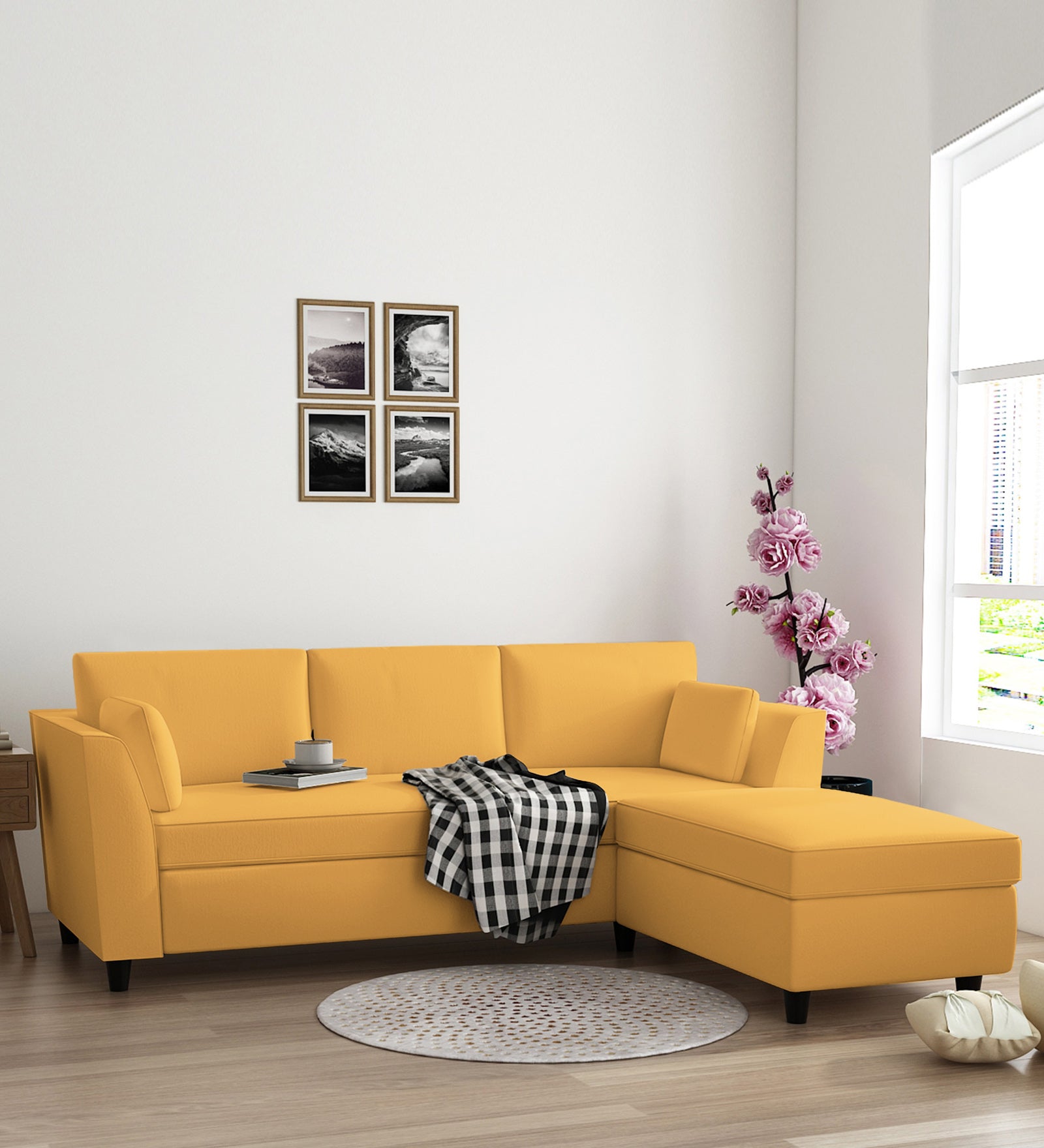Bristo Velvet LHS Sectional Sofa (2+Ottoman Lounger) In Turmeric Yellow Colour - Febonic Living
