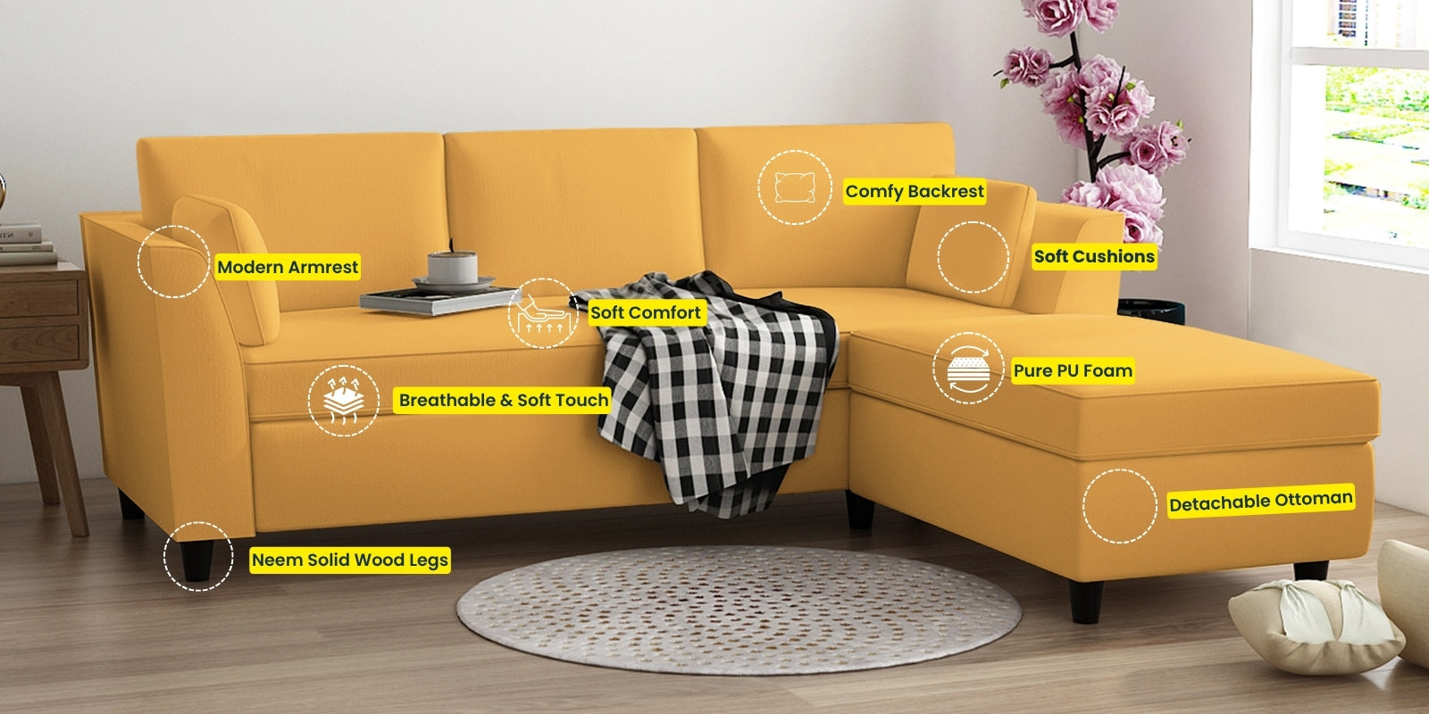 Bristo Velvet LHS Sectional Sofa (2+Ottoman Lounger) In Turmeric Yellow Colour - Febonic Living