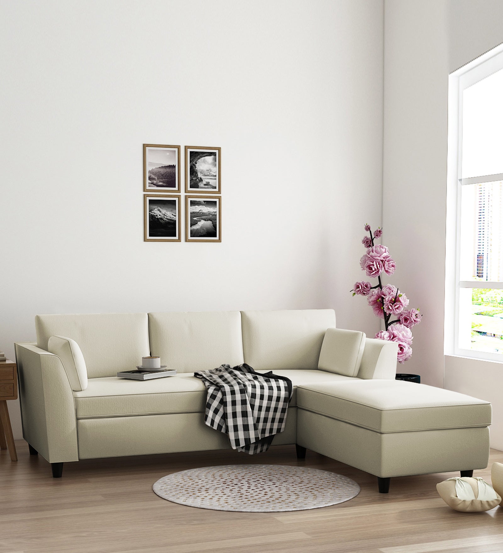 Bristo Velvet LHS Sectional Sofa (2+Ottoman Lounger) In Warm White Colour - Febonic Living