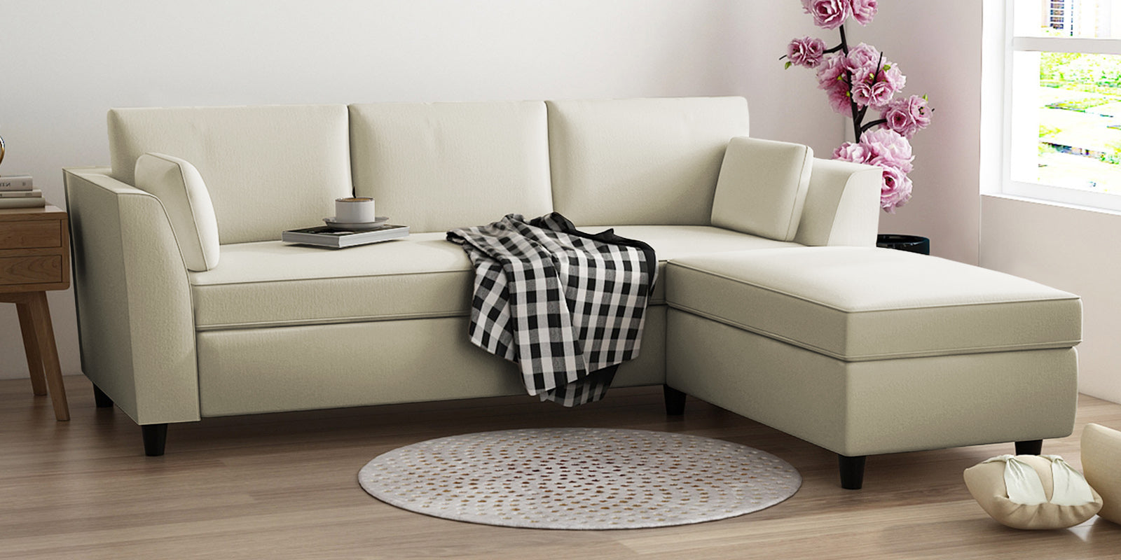 Bristo Velvet LHS Sectional Sofa (2+Ottoman Lounger) In Warm White Colour - Febonic Living