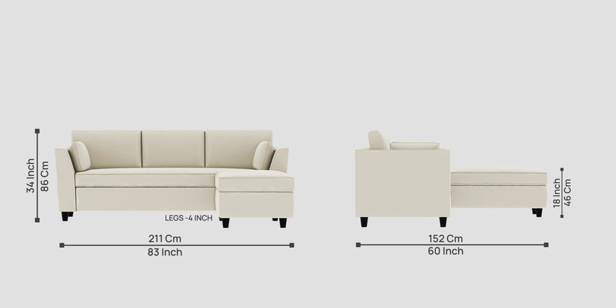 Bristo Velvet Lhs Sectional Sofa 2 Ottoman Lounger In Warm White Colour - Febonic Living