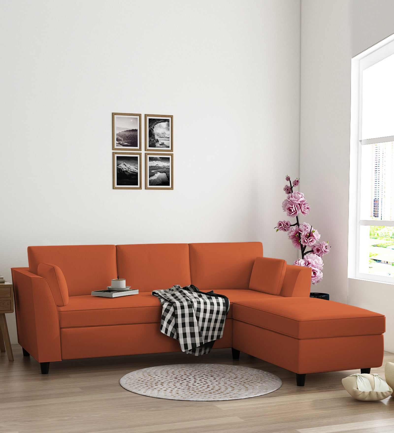 Bristo Velvet LHS Sectional Sofa (2+Ottoman Lounger) In Yam Orange Colour - Febonic Living