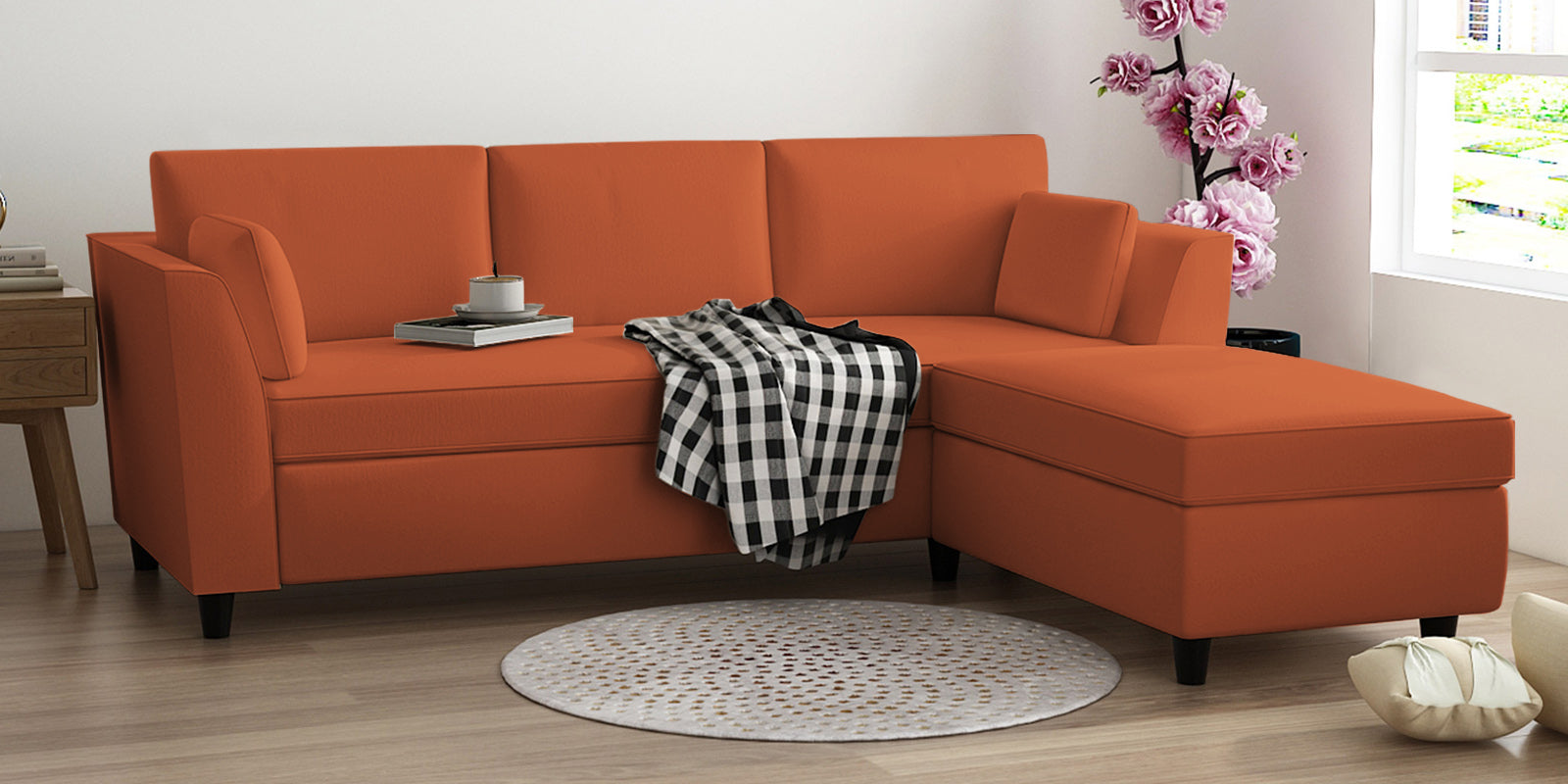 Bristo Velvet LHS Sectional Sofa (2+Ottoman Lounger) In Yam Orange Colour - Febonic Living