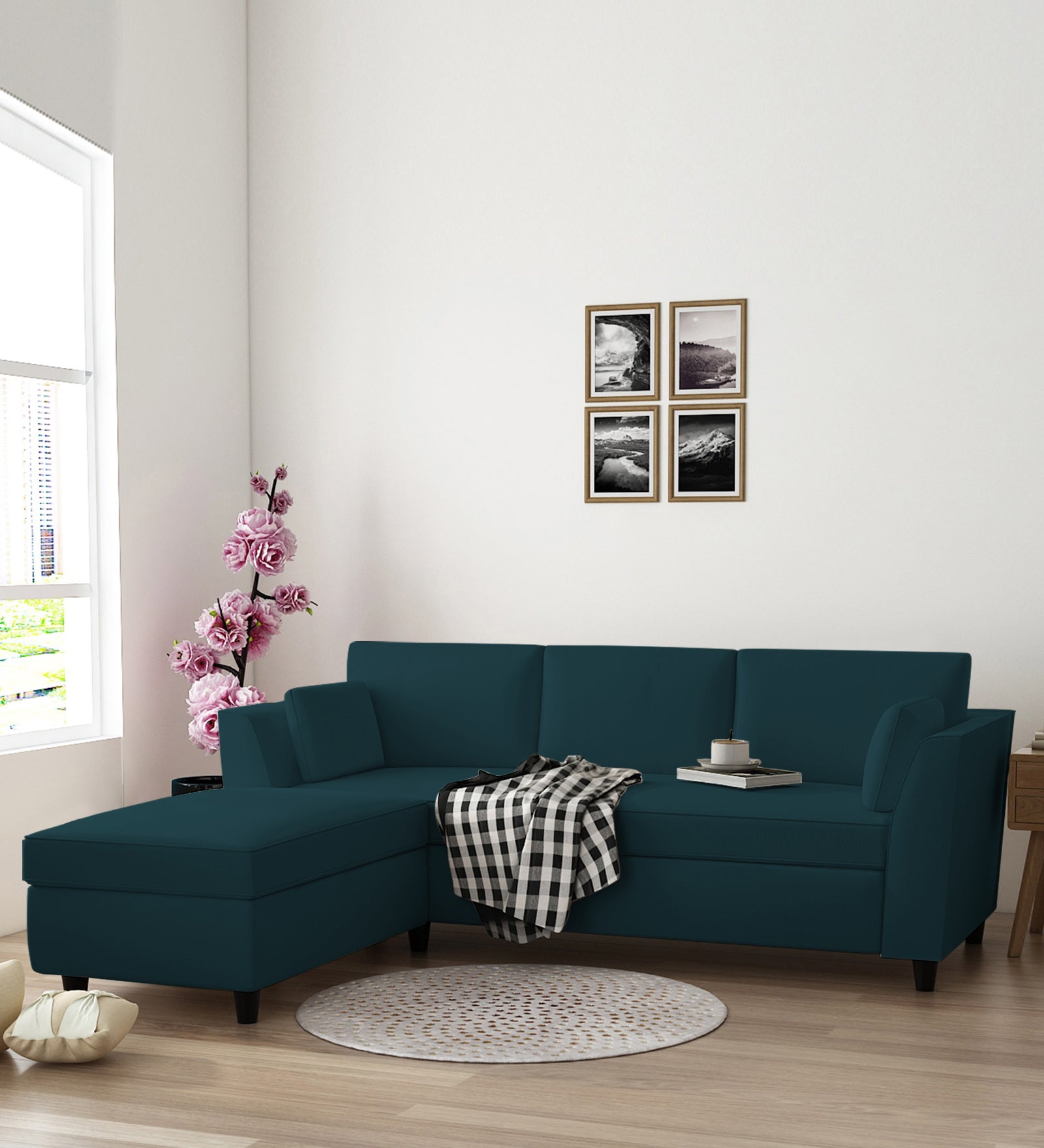 Bristo Velvet RHS Sectional Sofa (2+Ottoman Lounger) In Arabian Green Colour - Febonic Living