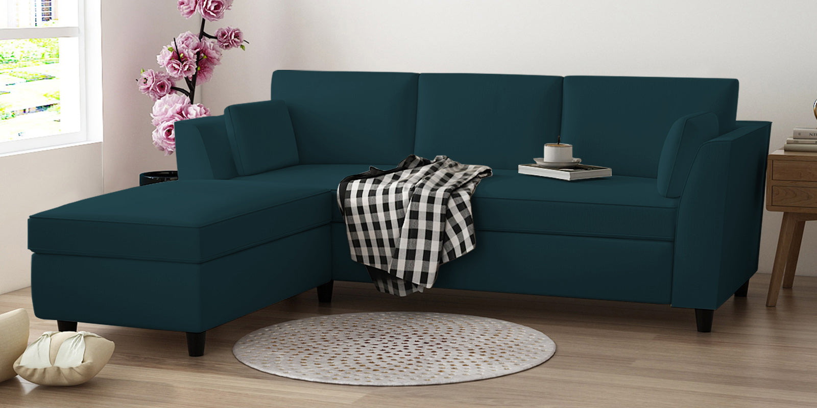 Bristo Velvet RHS Sectional Sofa (2+Ottoman Lounger) In Arabian Green Colour - Febonic Living