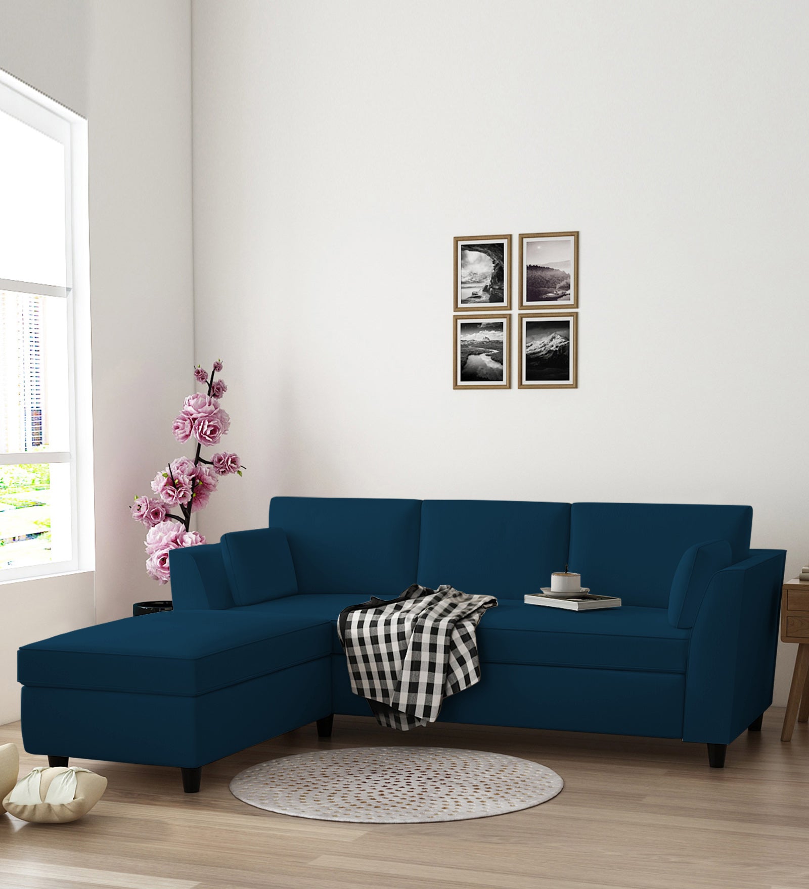 Bristo Velvet RHS Sectional Sofa (2+Ottoman Lounger) In Azure Blue Colour - Febonic Living