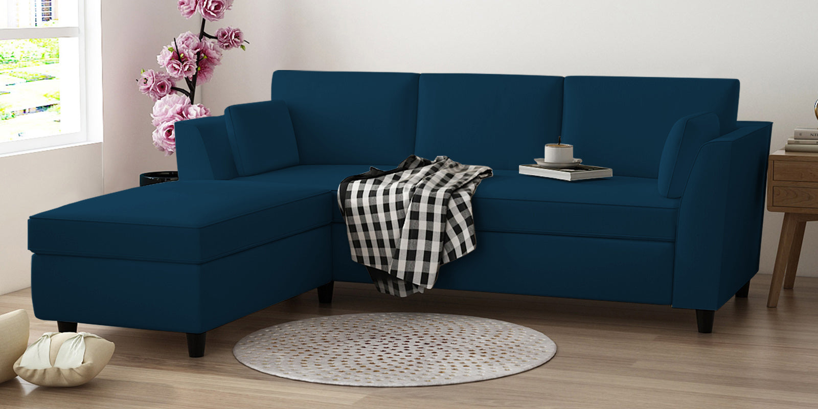 Bristo Velvet RHS Sectional Sofa (2+Ottoman Lounger) In Azure Blue Colour - Febonic Living