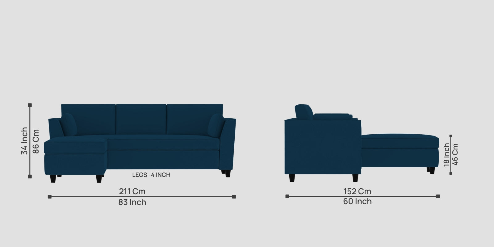 Bristo Velvet RHS Sectional Sofa (2+Ottoman Lounger) In Azure Blue Colour - Febonic Living