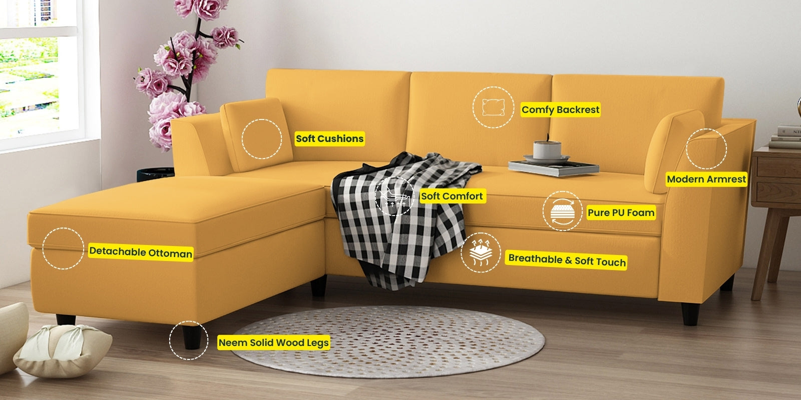 Bristo Velvet RHS Sectional Sofa (2+Ottoman Lounger) In Azure Blue Colour - Febonic Living