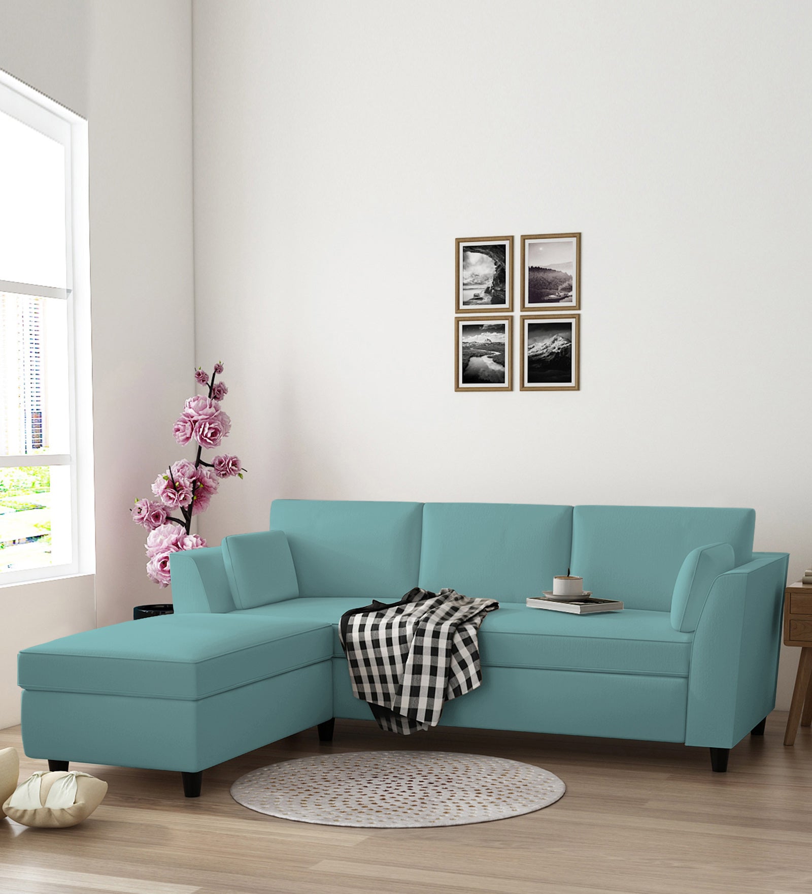 Bristo Velvet RHS Sectional Sofa (2+Ottoman Lounger) In Barmunda Aqua Colour - Febonic Living