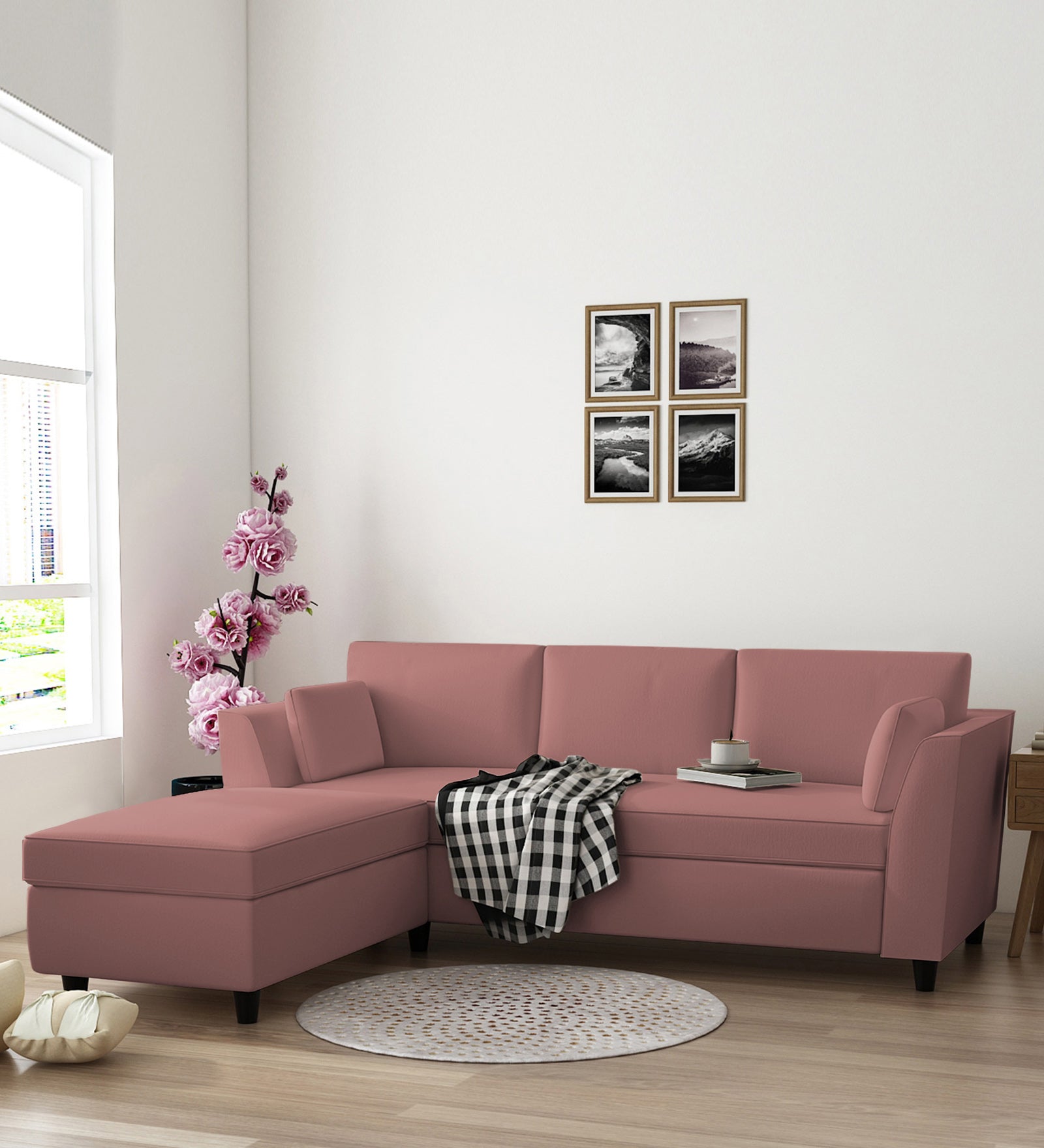 Bristo Velvet RHS Sectional Sofa (2+Ottoman Lounger) In Blush Pink Colour - Febonic Living