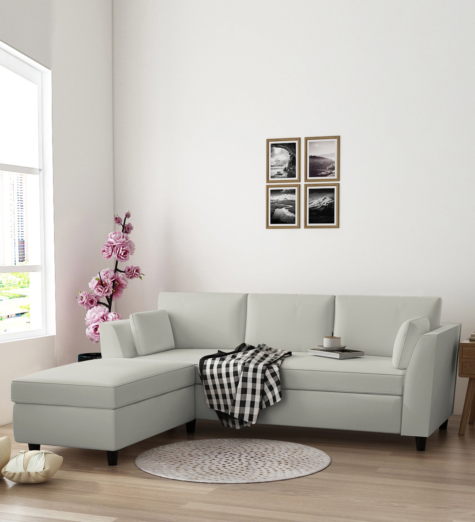 Bristo Velvet RHS Sectional Sofa (2+Ottoman Lounger) In Bone Grey Colour - Febonic Living