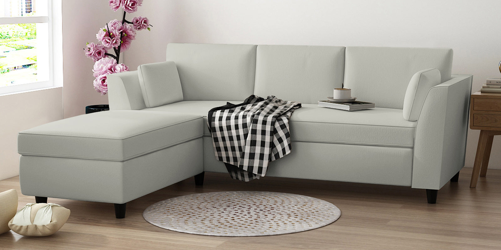 Bristo Velvet RHS Sectional Sofa (2+Ottoman Lounger) In Bone Grey Colour - Febonic Living