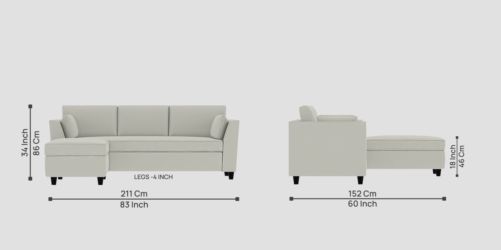 Bristo Velvet RHS Sectional Sofa (2+Ottoman Lounger) In Bone Grey Colour - Febonic Living