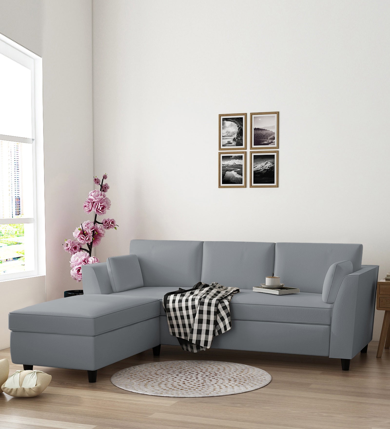Bristo Velvet RHS Sectional Sofa (2+Ottoman Lounger) In Concrete Grey Colour - Febonic Living