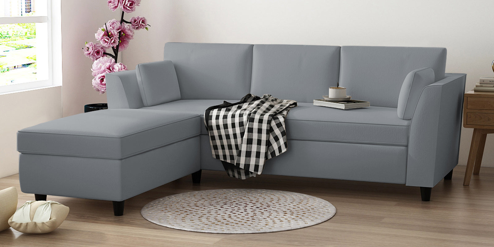 Bristo Velvet RHS Sectional Sofa (2+Ottoman Lounger) In Concrete Grey Colour - Febonic Living