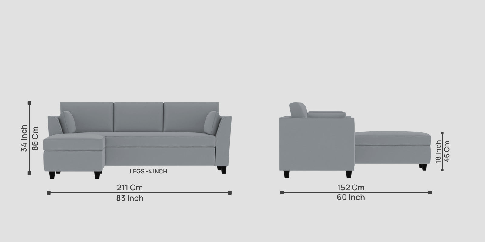 Bristo Velvet RHS Sectional Sofa (2+Ottoman Lounger) In Concrete Grey Colour - Febonic Living