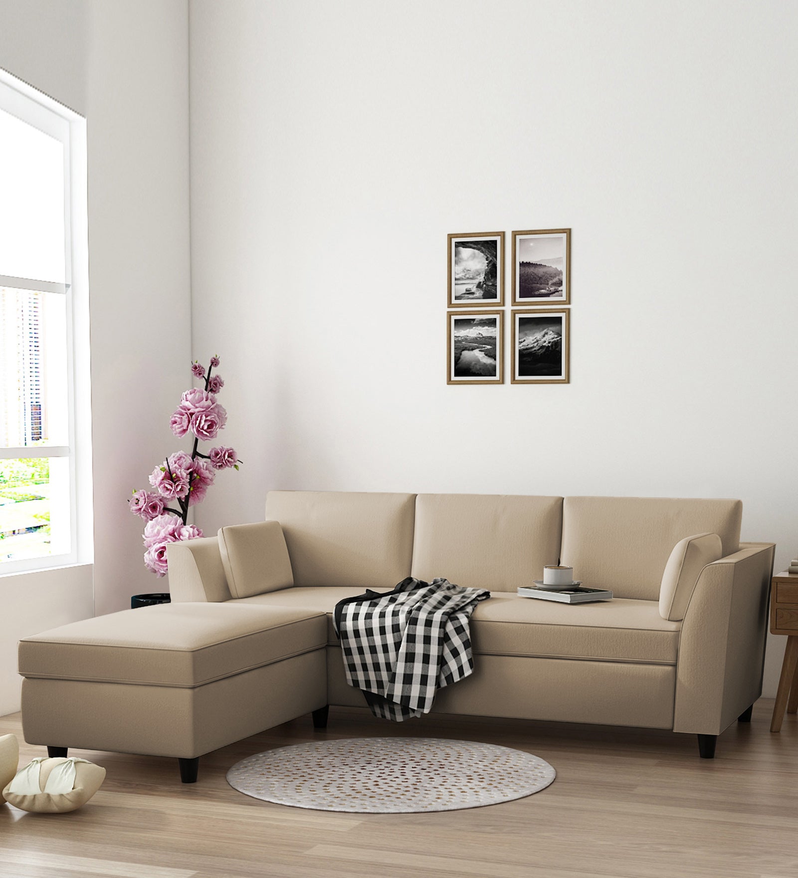 Bristo Velvet RHS Sectional Sofa (2+Ottoman Lounger) In Cream Beige Colour - Febonic Living
