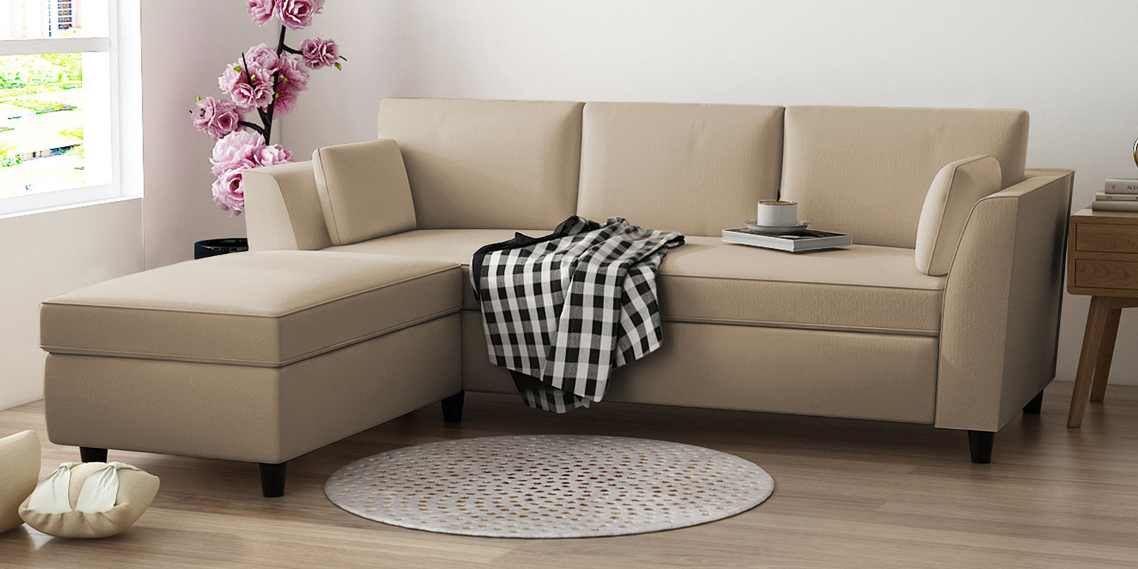 Bristo Velvet RHS Sectional Sofa (2+Ottoman Lounger) In Cream Beige Colour - Febonic Living
