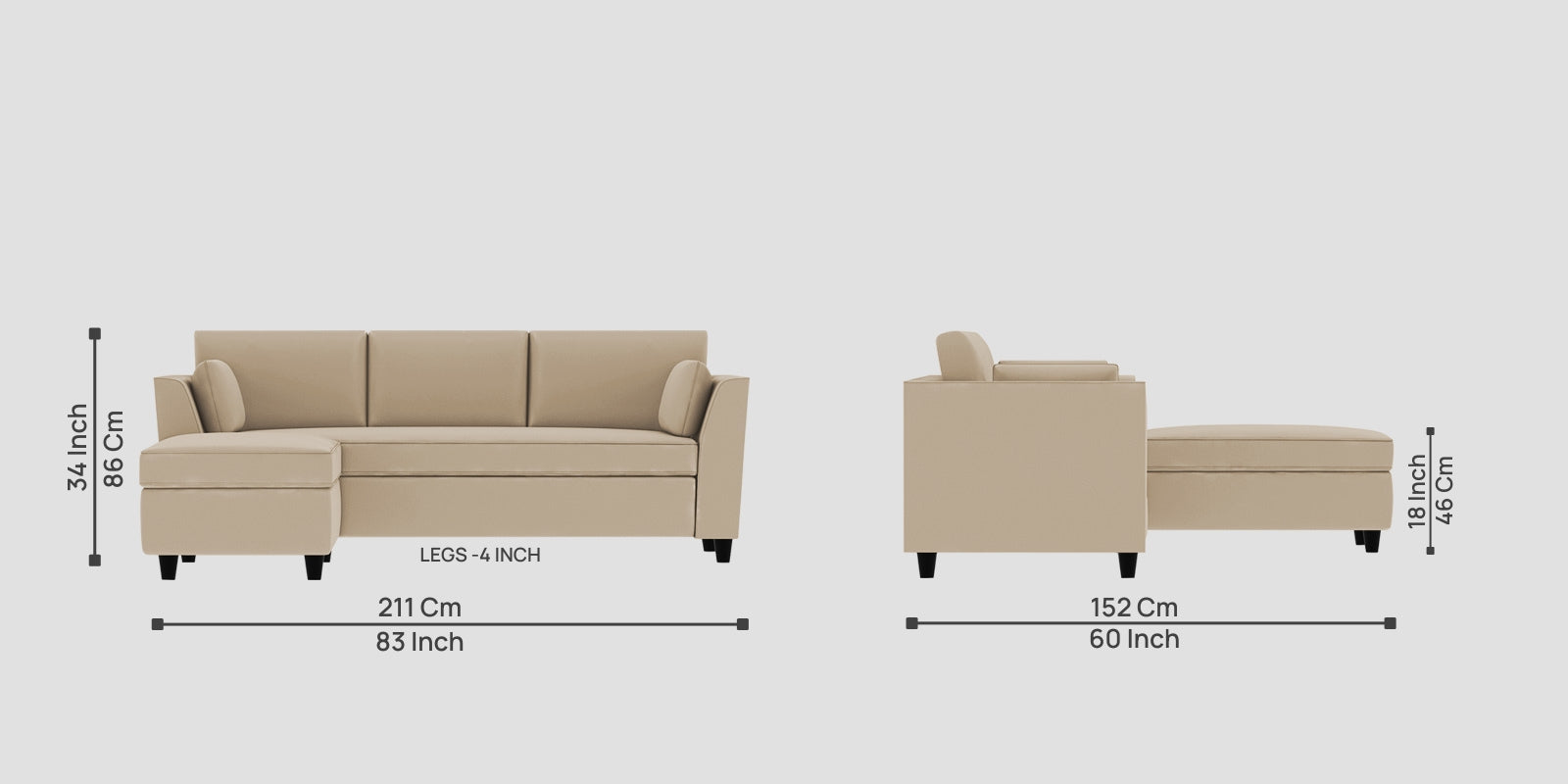 Bristo Velvet RHS Sectional Sofa (2+Ottoman Lounger) In Cream Beige Colour - Febonic Living