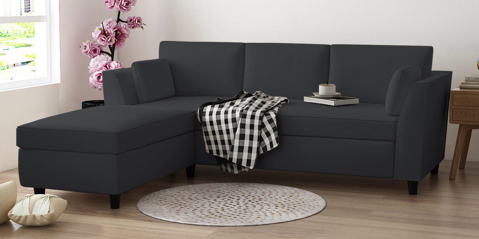 Bristo Velvet RHS Sectional Sofa (2+Ottoman Lounger) In Davy Grey Colour - Febonic Living