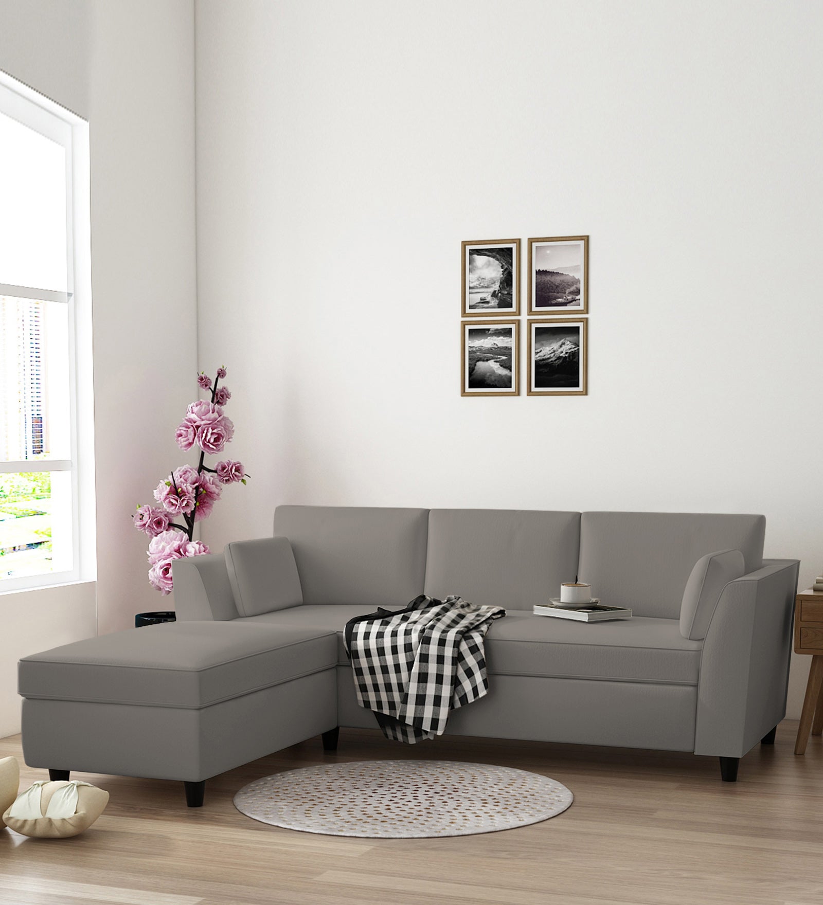 Bristo Velvet RHS Sectional Sofa (2+Ottoman Lounger) In Echo Grey Colour - Febonic Living