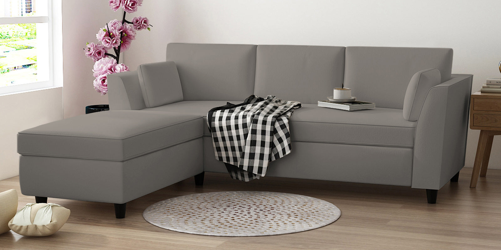 Bristo Velvet RHS Sectional Sofa (2+Ottoman Lounger) In Echo Grey Colour - Febonic Living