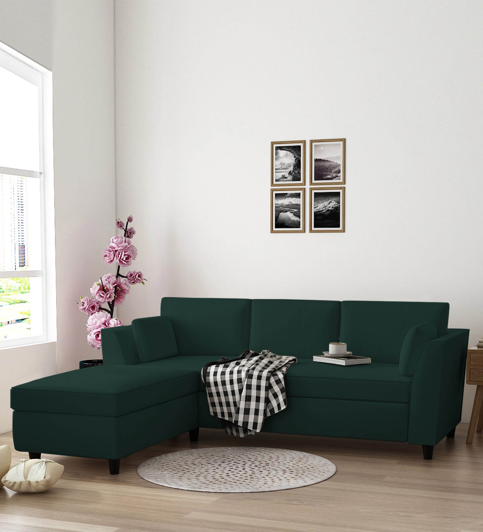 Bristo Velvet RHS Sectional Sofa (2+Ottoman Lounger) In Forest Green Colour - Febonic Living