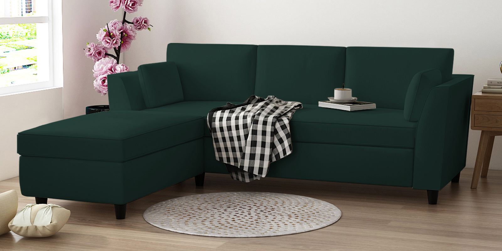 Bristo Velvet RHS Sectional Sofa (2+Ottoman Lounger) In Forest Green Colour - Febonic Living