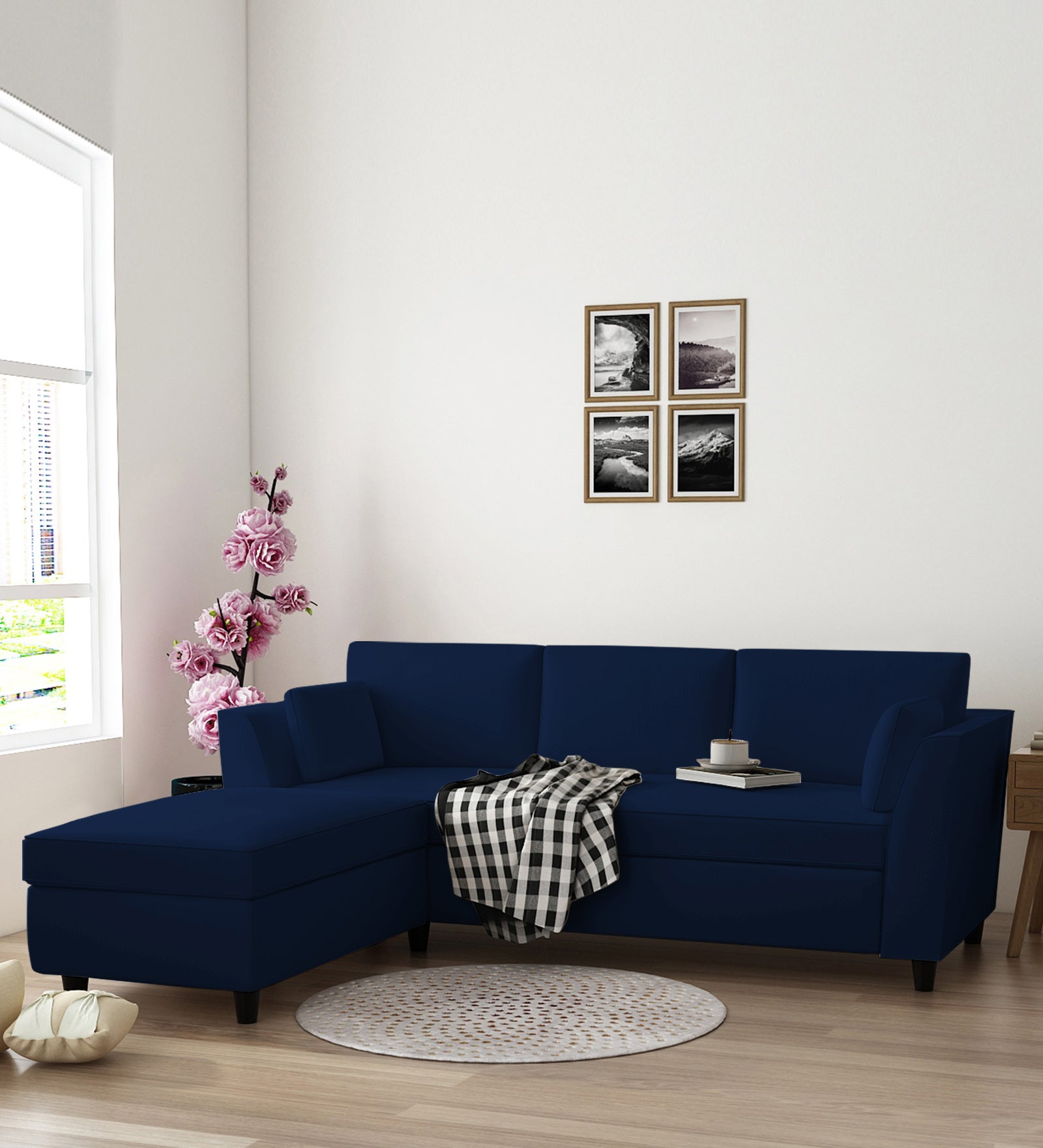 Bristo Velvet RHS Sectional Sofa (2+Ottoman Lounger) In Imperial Blue Colour - Febonic Living