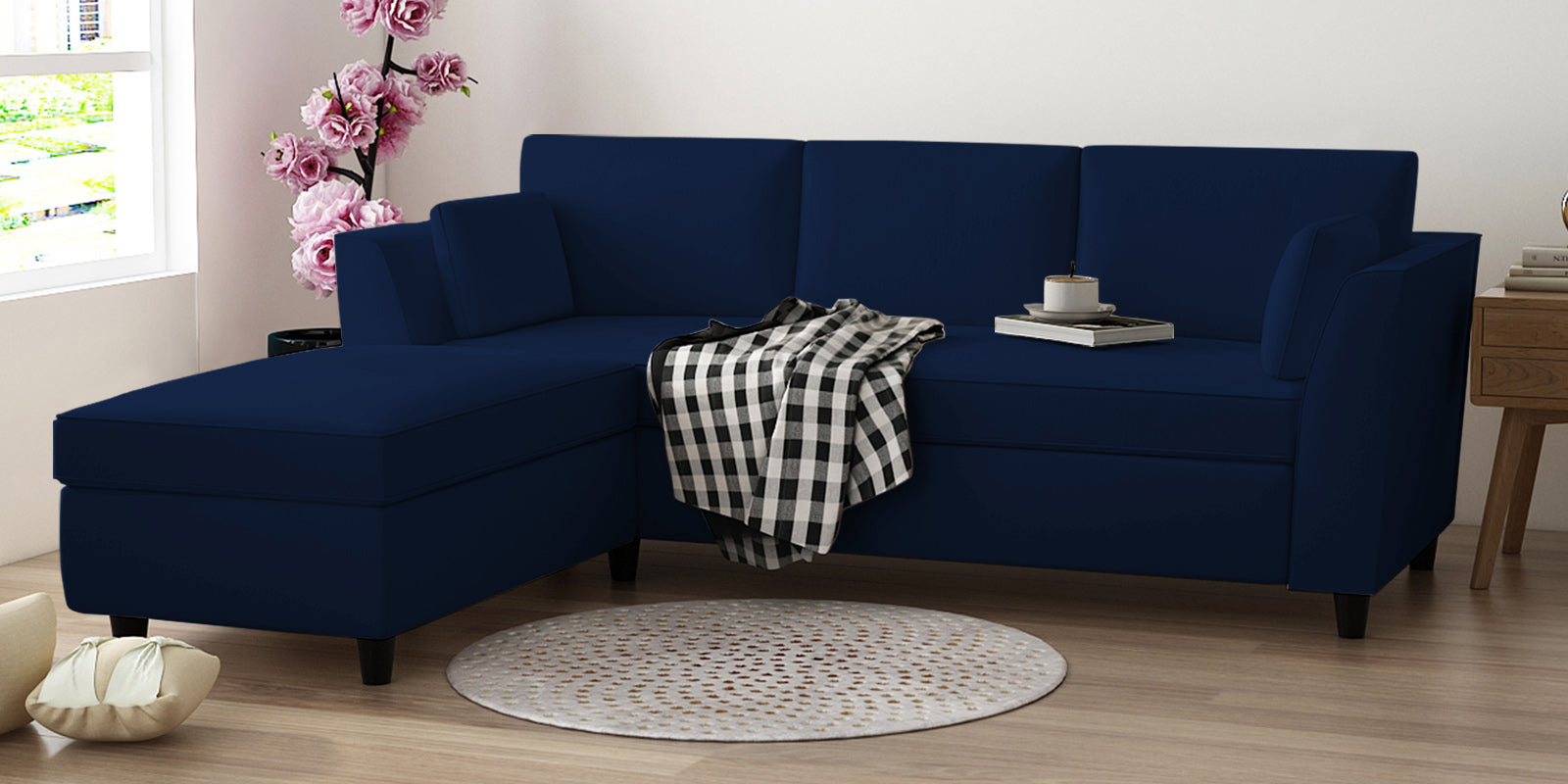 Bristo Velvet RHS Sectional Sofa (2+Ottoman Lounger) In Imperial Blue Colour - Febonic Living