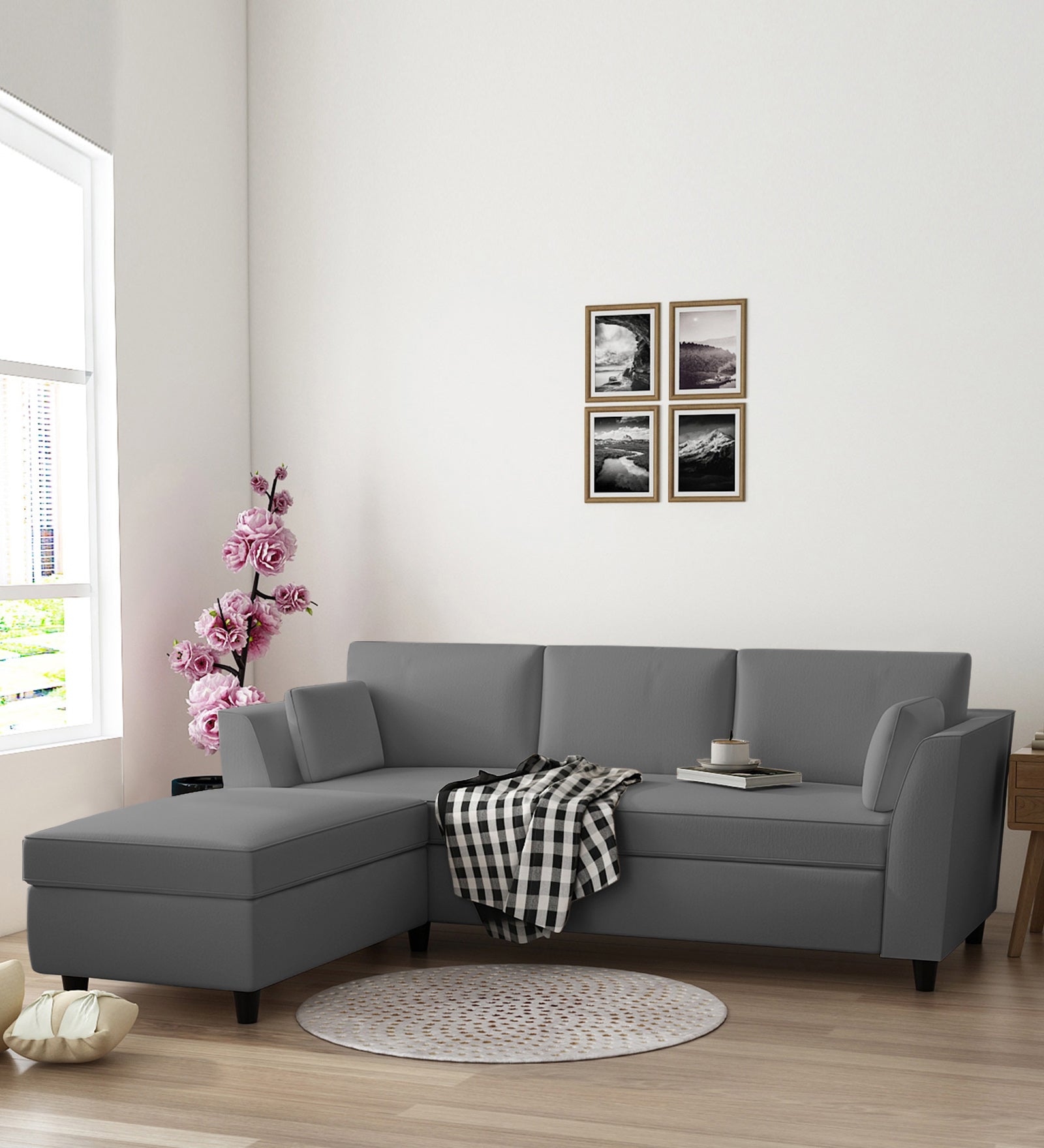 Bristo Velvet RHS Sectional Sofa (2+Ottoman Lounger) In Light Grey Colour - Febonic Living