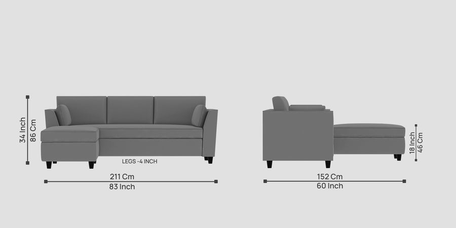 Bristo Velvet Rhs Sectional Sofa 2 Ottoman Lounger In Light Grey Colour - Febonic Living