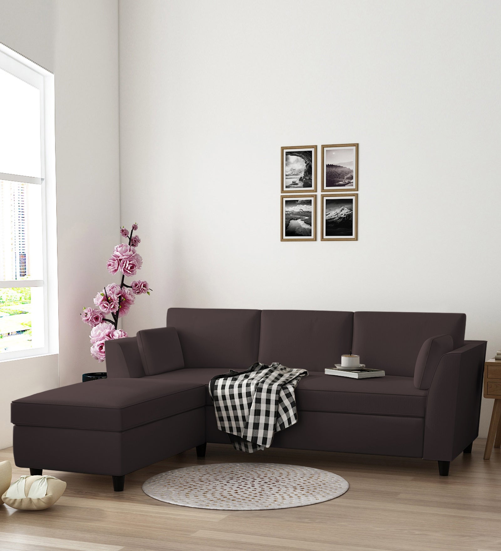 Bristo Velvet RHS Sectional Sofa (2+Ottoman Lounger) In Mocha Brown Colour - Febonic Living