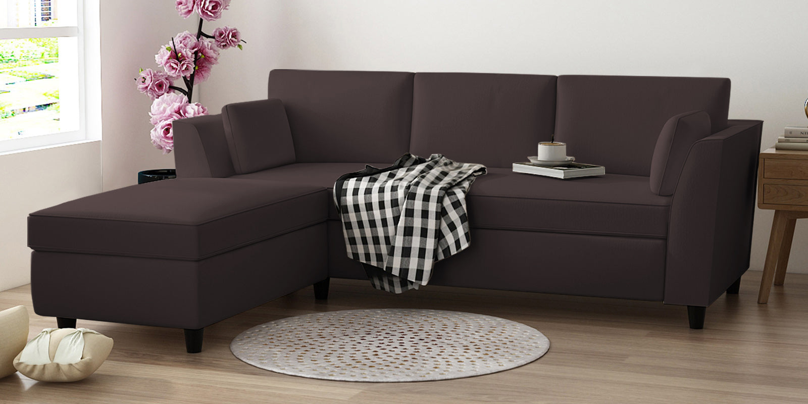 Bristo Velvet RHS Sectional Sofa (2+Ottoman Lounger) In Mocha Brown Colour - Febonic Living