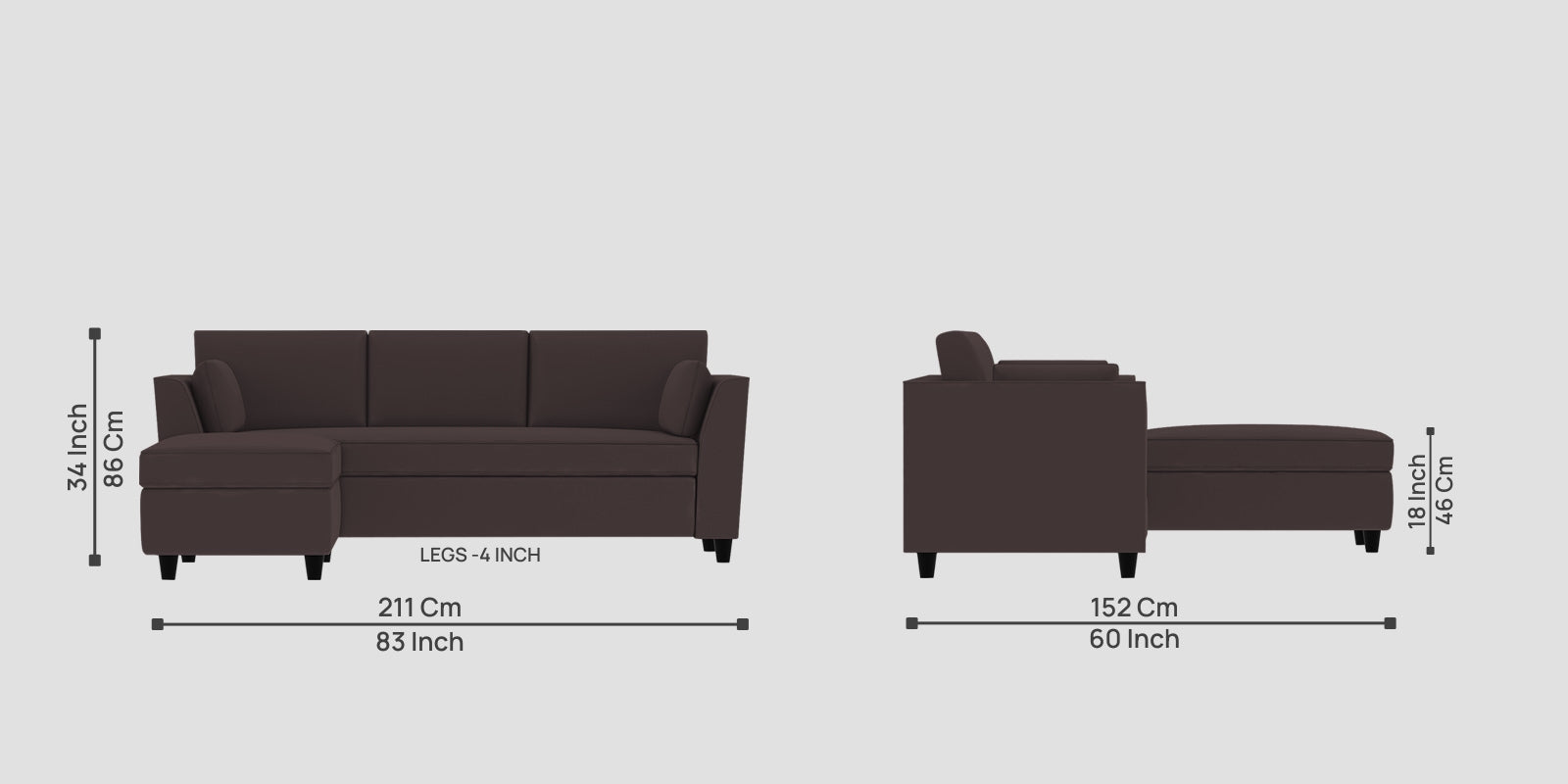 Bristo Velvet RHS Sectional Sofa (2+Ottoman Lounger) In Mocha Brown Colour - Febonic Living